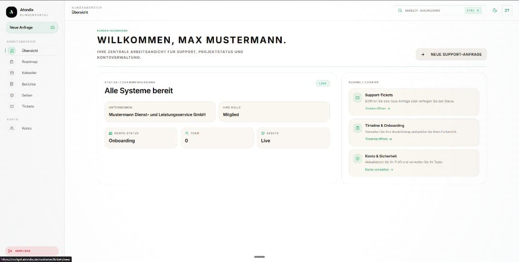 atondix Cockpit Kunden-Dashboard — Projektmanagement, Reports und Tickets für Webdesign-Kunden